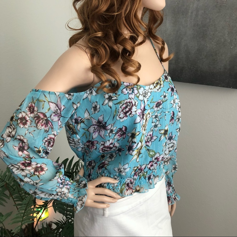 Guess Blue Floral Print Cold Shoulder Top